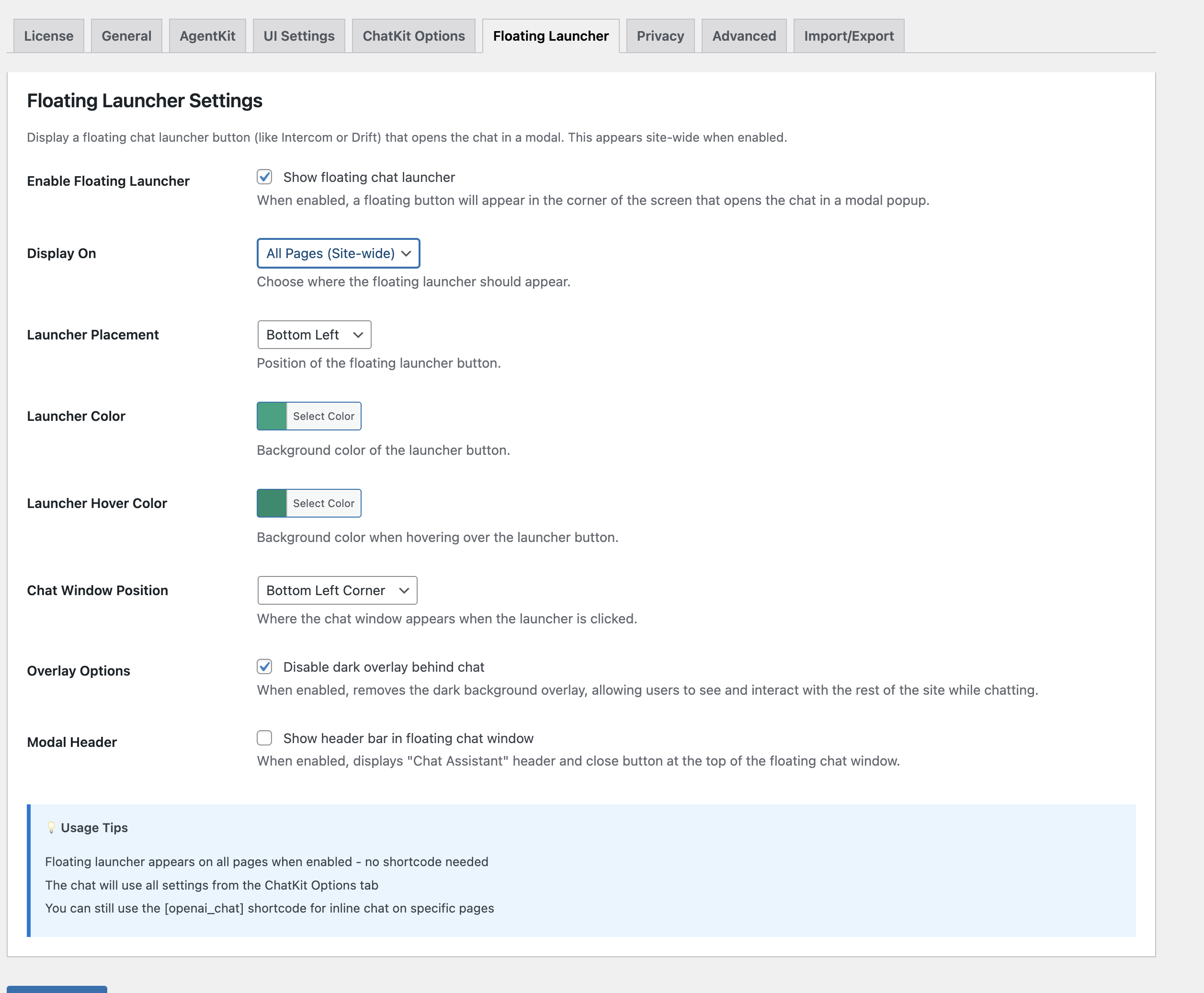 Chat Widget Settings for ChatGPT OpenAI ChatKit on Wordpress Live Chat Plugin