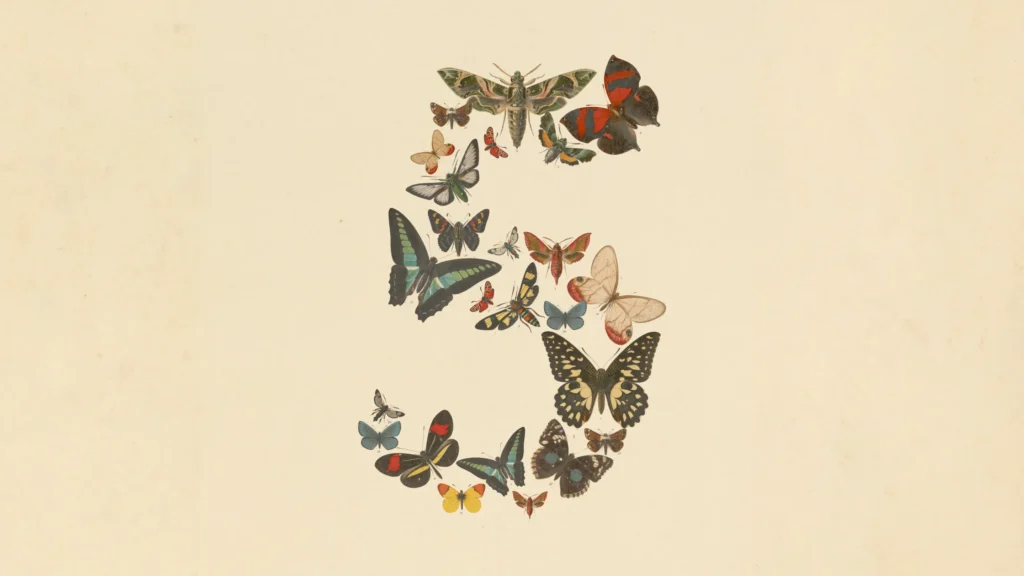 Claude Fable 5 launch artwork from Anthropic showing butterflies and moths forming the number five